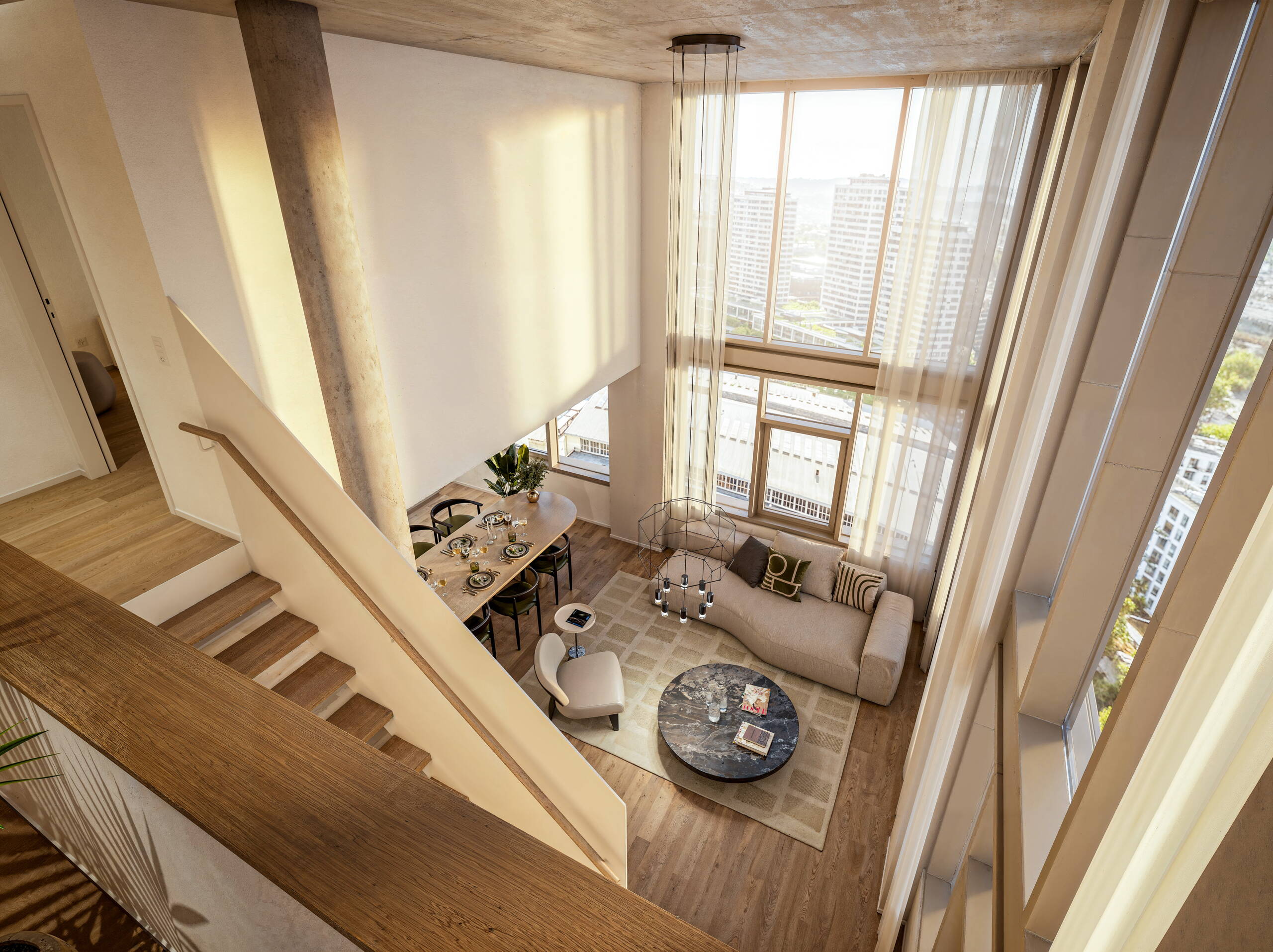 Riedtower - Wohnzimmer Blick von Galerie Riedtower - Innenausbau, Zürich Nord, Oerlikon - Wohnzimmer Blick von Galerie